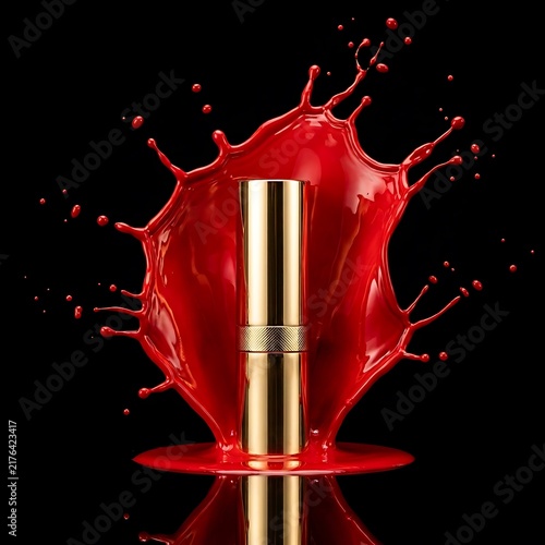 Golden lipstick tube surrounded by a dramatic dynamic red liquid splash against black background