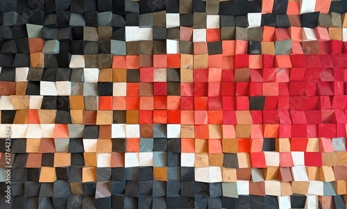 Canvastavla Wall covered with countless colorful wooden block, irregularly cut and densely a