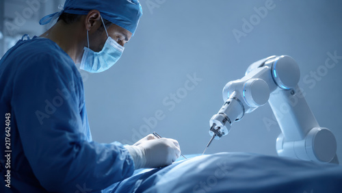 Surgeon Working with Robotic Arm During Precision Surgery
