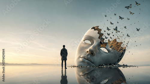 Broken Mask Transforming Into Butterflies as Symbol of Healing and Personal Change