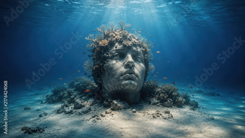Submerged human sculpture becoming part of a coral ecosystem, representing nature reclaiming humanity, marine conservation, ecological recovery, and interconnectedness.