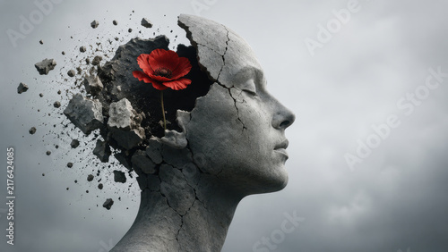 A fractured human head with a red flower growing inside, representing healing after trauma, hope, emotional recovery, and post-traumatic growth.