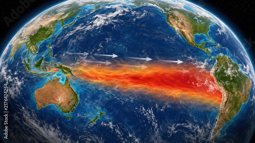 El Niño Pacific warming associated with altered atmospheric circulation and tropical storm activity.