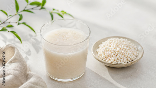 Amazake Rice Koji Drink with Fermented Rice on Minimal Table