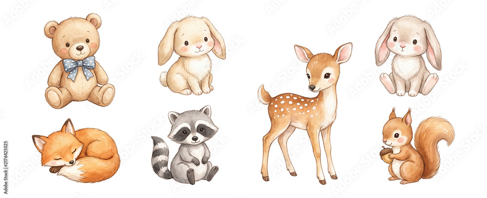 Fototapeta premium Woodland Baby Animals Watercolor Nursery Character Set