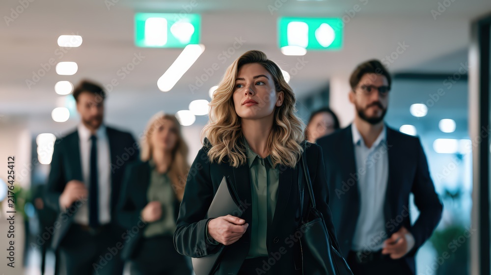 Obraz premium Confident Businesswoman Leading Diverse Team in Modern Office Hallway