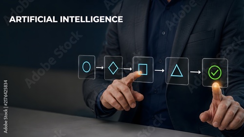 Obraz na płótnie Business professional interacting with a digital interface displaying artificial intelligence concepts