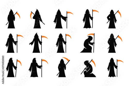 Картината върху платно Set of silhouettes of the grim reaper holding a scythe in various poses for hall