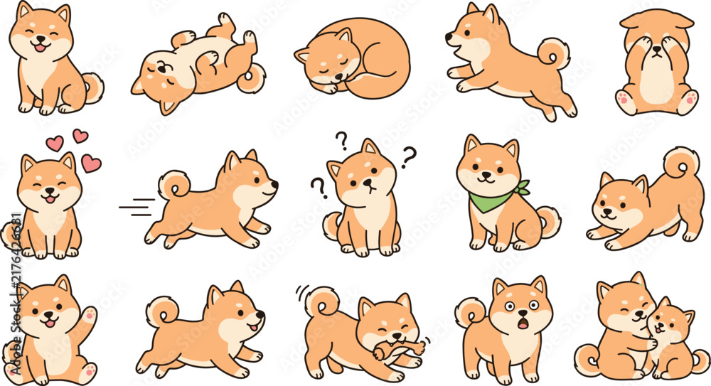 Obraz premium Cute Shiba Inu Dog Vector Character Set with Different Puppy Poses and Activity Expressions for Kids Sticker Designs