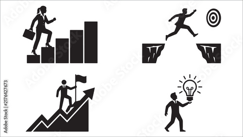 Career Growth and Business Success Silhouette Vector Set Woman Step Chart Target Leap Flag Lightbulb Icon Collection