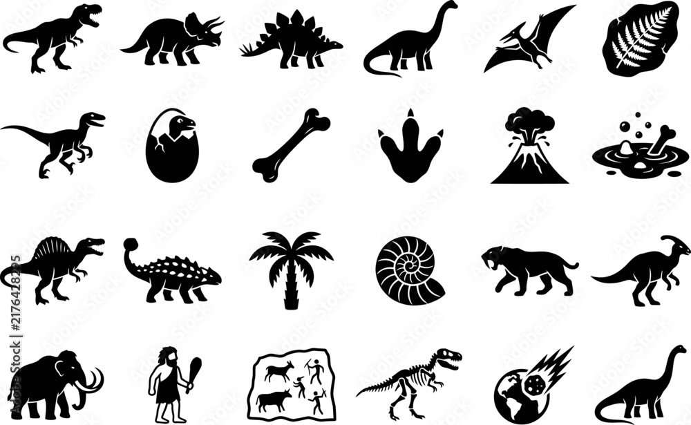 Fototapeta premium Dinosaur icon set with prehistoric animals. Black silhouette collection of 24 vector elements. Paleontology symbols for education and design.