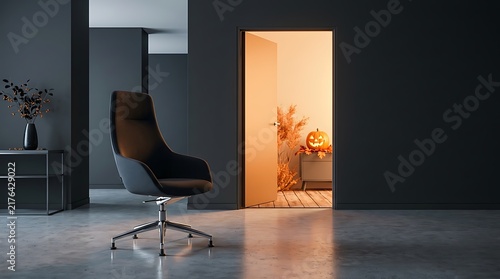 Office chair in dark room with open door revealing Halloween pumpkin