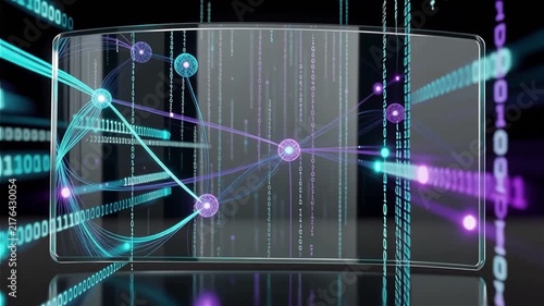 Abstract Cyber Security Background with Glowing Digital Network Nodes and Binary Code Data