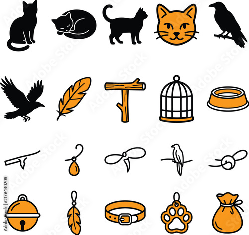 Cat and bird pet icons set in black and orange line art
