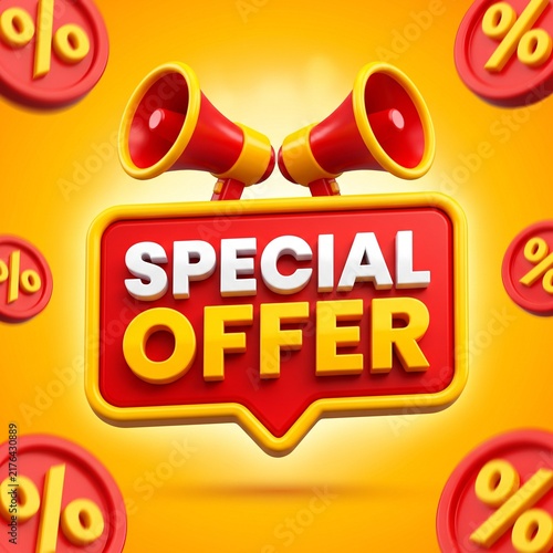 Special offer banner with red megaphones and discount percent signs on a bright orange background for marketing and retail sales promotion