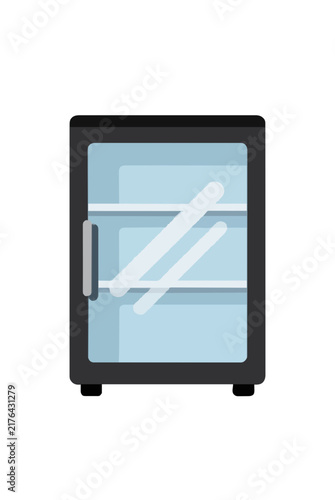 Hand-drawn vector icon of a modern compact mini fridge with glass door shelves in flat illustration style, perfect for kitchen appliance graphics, dorm room setups, and home decor designs