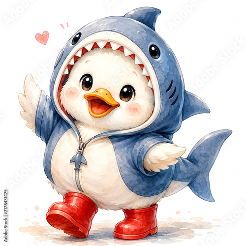 Cute Duckling Shark Costume Character Watercolor Design for Nursery Art