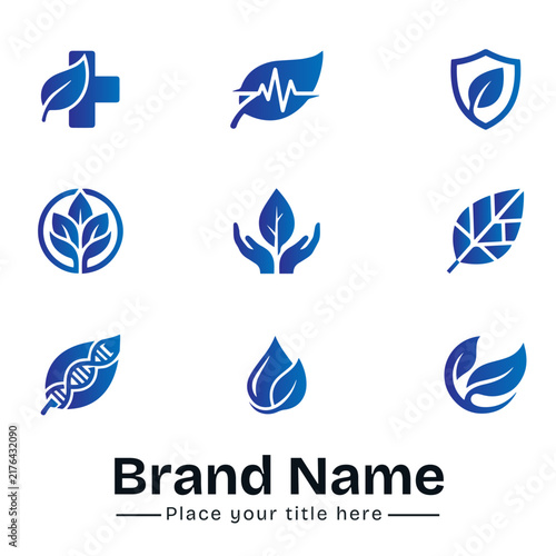 Modern Blue Gradient Eco Healthcare and Natural Wellness Vector Icon Set, Minimalist Leaf Cross, ECG Pulse, Shield, Caring Hands, Tech Leaf, DNA Helix, Water Drop, and Organic Symbols for Web UI