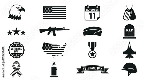 Veterans day icon collection featuring monochrome silhouettes of american symbols for military memorial celebration graphic designs
