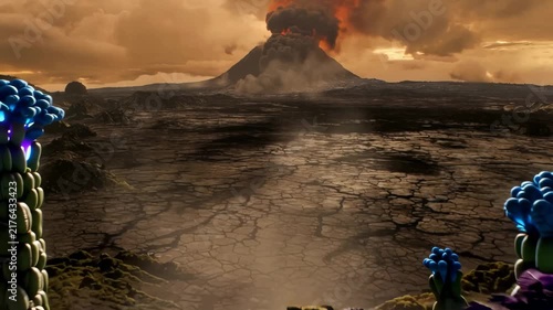  Sci-fi alien planet landscape with glowing exotic flora and erupting volcano in background, wide shot