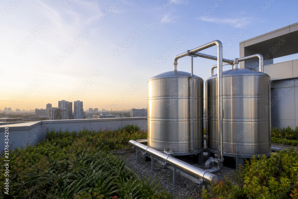 Fototapeta premium Rooftop Water Storage Tanks on Modern Urban Building