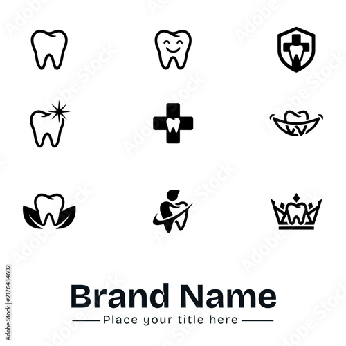 Dental Care and Dentistry Logo Collection Vector Icon Set, Minimalist Black Tooth, Smiling Tooth, Dental Shield, Shining Whitening, Medical Cross, Crown Tooth, and Leaf Symbols for Web UI