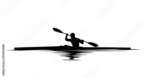 Silhouette of Kayaker Paddling on Water Surface with Reflection