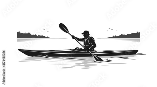 Silhouette of Kayaker Paddling on Lake with Forested Horizon
