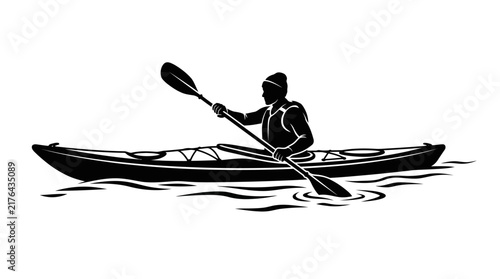 Silhouette of kayaker paddling on water, black and white illustration