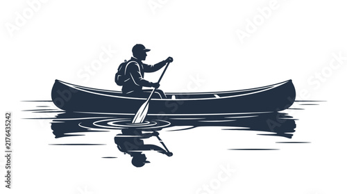 Silhouette of Man Paddling Canoe on Calm Water with Reflection