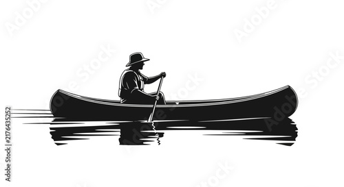 Silhouette of man paddling canoe on calm water with reflection, vintage style graphic