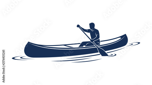 Silhouette of man paddling canoe on calm water, minimalist vector illustration