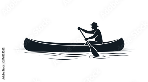 Silhouette of man paddling canoe on calm water, adventure, outdoor activity