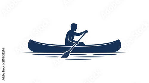Silhouette of man paddling canoe on calm water, vector illustration