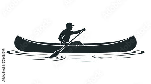 Silhouette of man paddling canoe on water, outdoor adventure activity