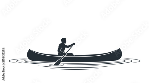 Silhouette of man paddling canoe on rippling water, outdoor recreation vector graphic