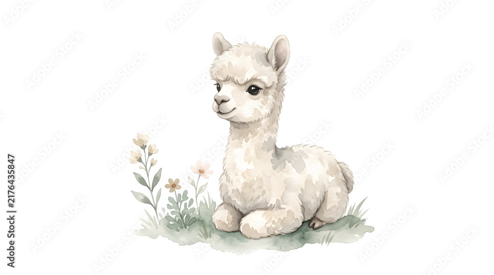 Fototapeta premium Cute baby alpaca sitting in the grass with flowers isolated on transparent background