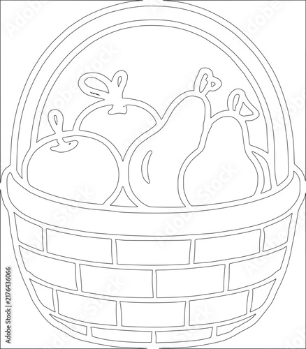 Basket filled with apples and pears is a black and white vector illustration