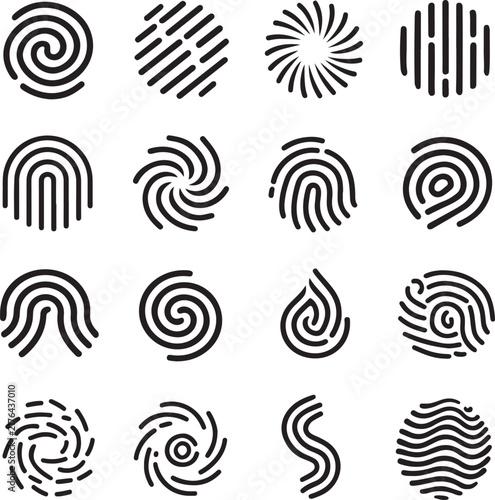 Set of fingerprint icons, collection of different human finger prints, biometric identification, security and identity concept, vector illustration