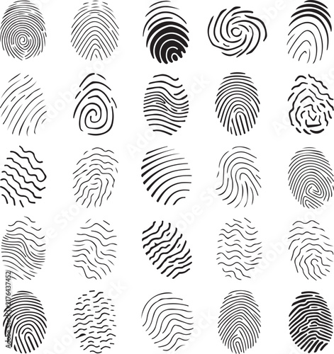 Set of fingerprint icons, collection of different human finger prints, biometric identification, security and identity concept, vector illustration