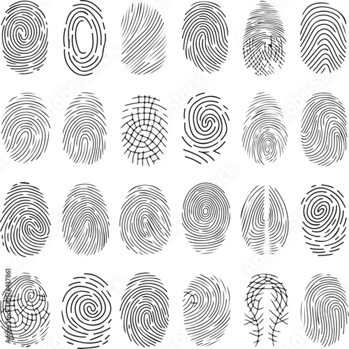 Set of fingerprint icons, collection of different human finger prints, biometric identification, security and identity concept, vector illustration