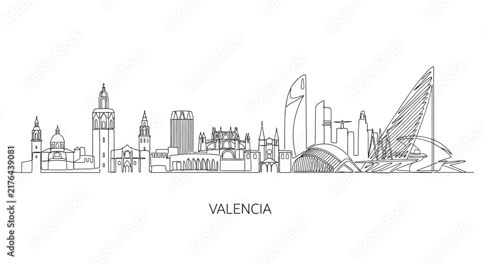 Obraz premium Valencia Skyline Line Art Drawing, Modern Cityscape Illustration, Spain Landmark