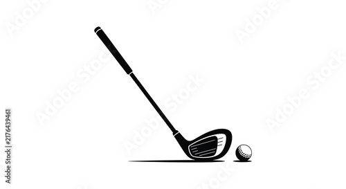 A golf club and ball rest on a surface depicted as a black silhouette