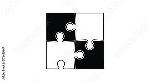 Four interlocking puzzle pieces display a contrasting black and white silhouette jigsaw