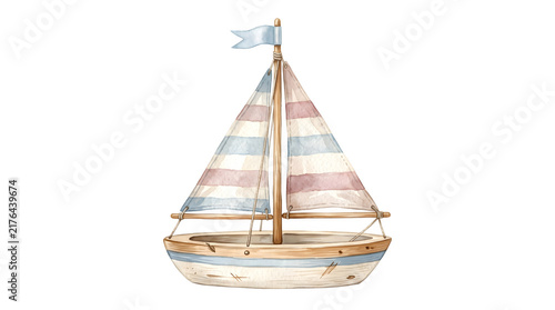 Watercolor illustration of a cute wooden toy sailboat isolated on transparent background