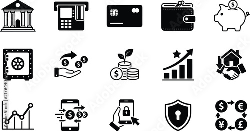 Set of black and white icons representing various concepts of modern finance and banking for business applications