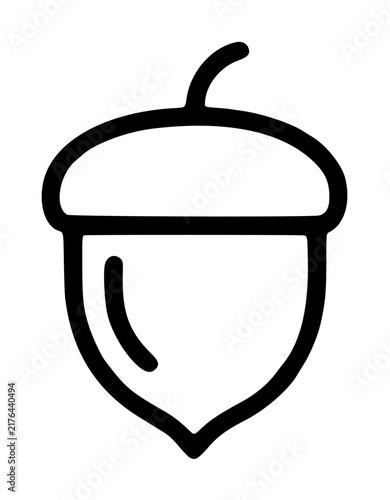 Hand-drawn black outline vector icon illustration of a classic acorn with textured cap, stem, and smooth nut body, perfect for autumn, nature, forest, and woodland themed designs