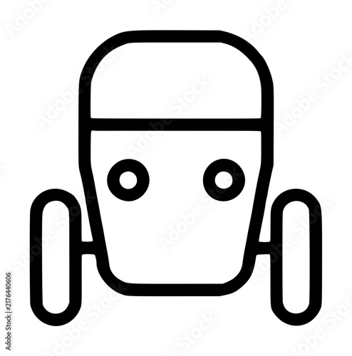 Hand-drawn line art vector icon of a friendly cartoon buggy front view, minimalist black outline illustration on white background, clean hand-traced design, charming robotic face with round headlights