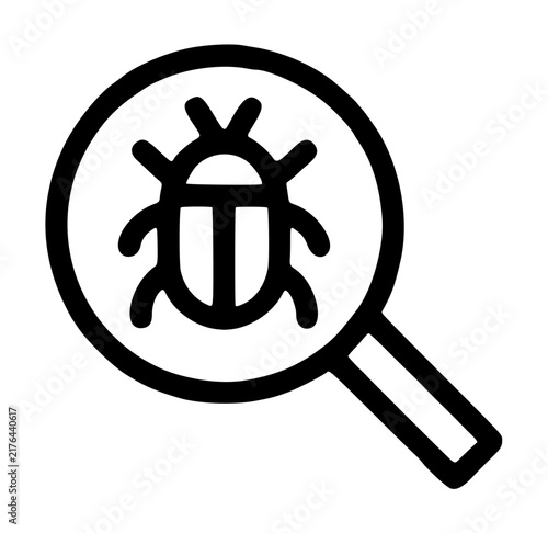 Hand-traced vector icon illustration of a detailed beetle bug examined under a magnifying glass, minimalist black line art for search and inspection concepts