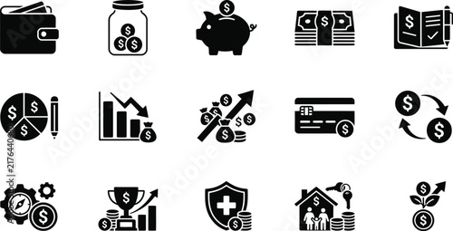 A comprehensive collection of black icons representing various concepts related to modern finance and banking and economic growth